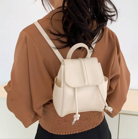 Mini Flap Backpack Drawstring Design Solid Minimalist - Picture 2 of 9